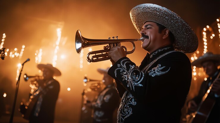 Foto um homem toca uma trombeta numa sala escura.