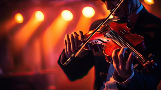 um homem toca violino em frente a um palco com a palavra "" nele.