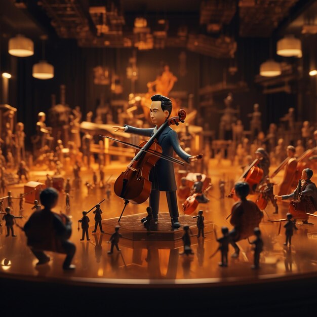 Foto um homem toca violino na frente de um grupo de outras figuras.