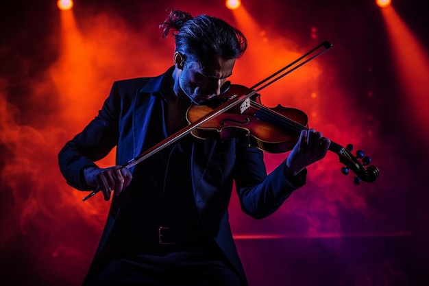 Um homem toca violino na frente de um palco com um arco.