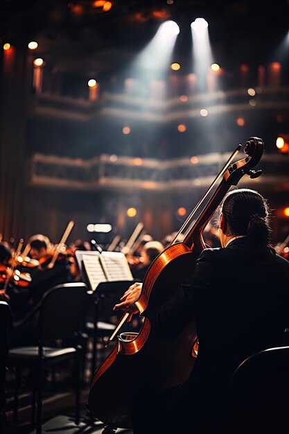 Foto um homem toca violino na frente de um palco com uma orquestra ao fundo