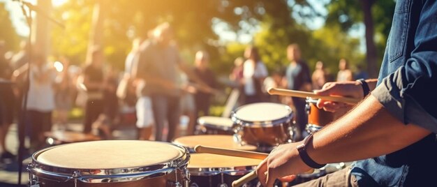 Foto um homem tocando bateria na frente de um grupo de pessoas