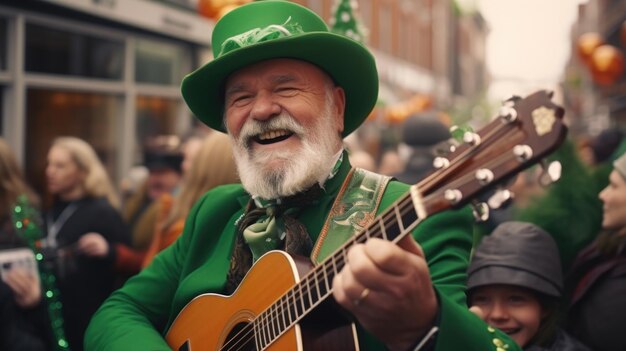 Foto um homem tocando guitarra com um chapéu verde