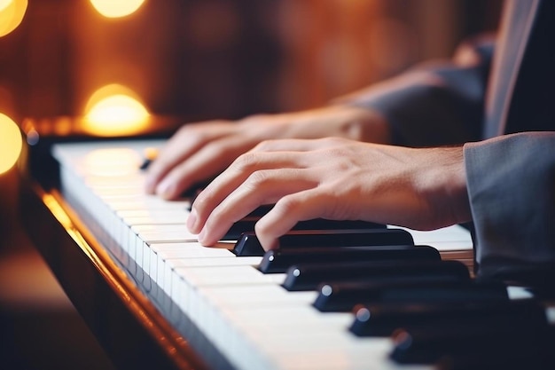 um homem tocando piano com as mãos nas teclas