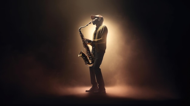 Um homem tocando saxofone em um palco com uma luz amarela atrás dele.