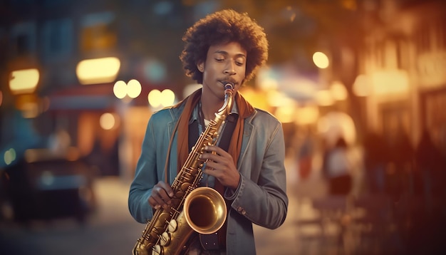 Um homem tocando saxofone em uma rua