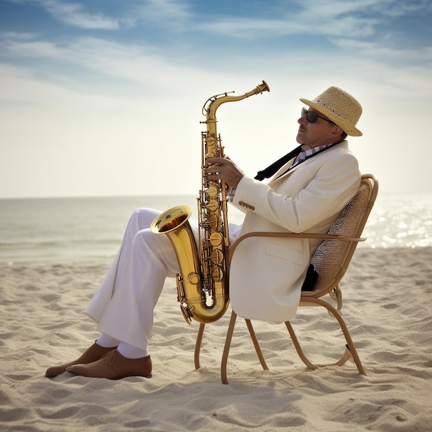 Um homem tocando saxofone na praia