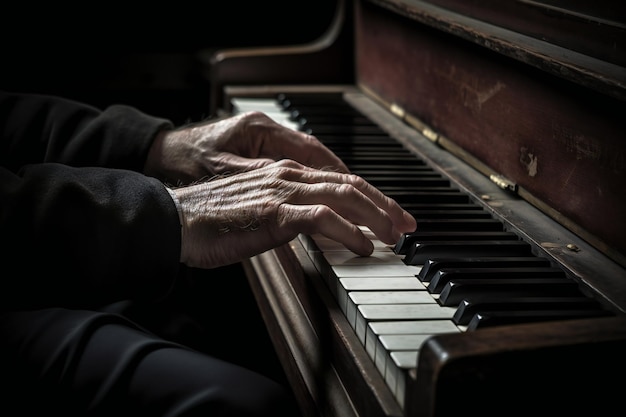 Um homem tocando um piano com as mãos nas teclas.