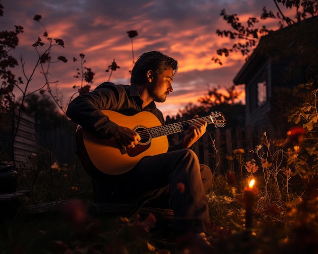 um homem tocando um violão ao pôr do sol