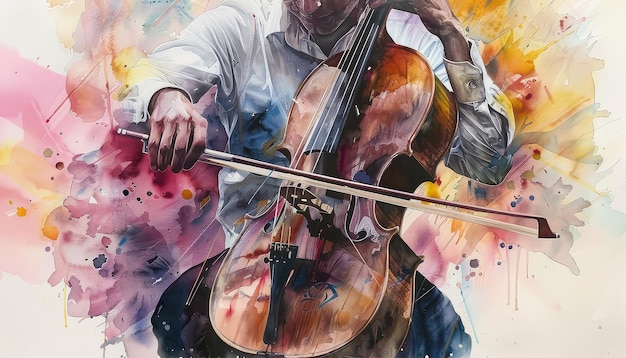 Um homem tocando um violoncelo com um arco