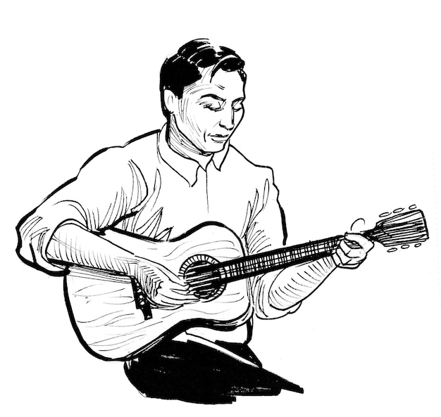 Um homem tocando violão com um desenho em preto e branco de um homem tocando violão.