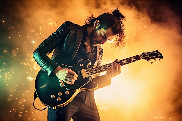 Um homem tocando violão em frente a um fundo de fumaça