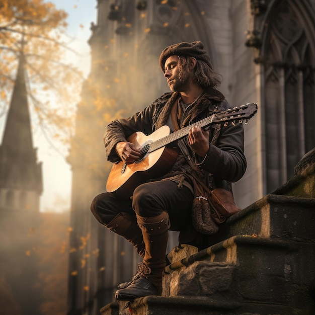 um homem tocando violão em frente a uma igreja com um prédio ao fundo