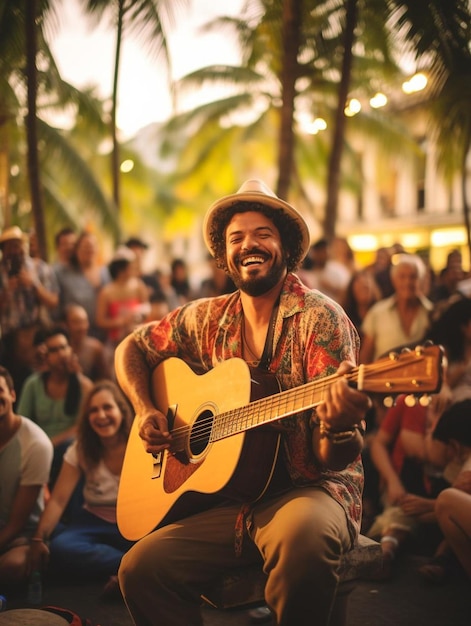 Um homem tocando violão na frente de uma multidão de pessoas.