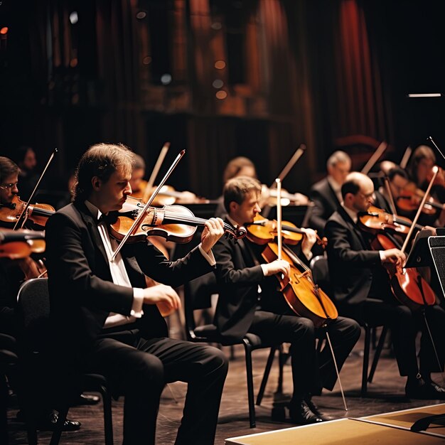 Foto um homem tocando violino no palco com outros músicos