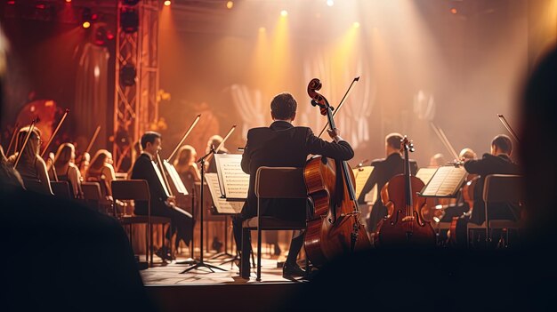 um homem tocando violoncelo no palco com outros músicos ao fundo