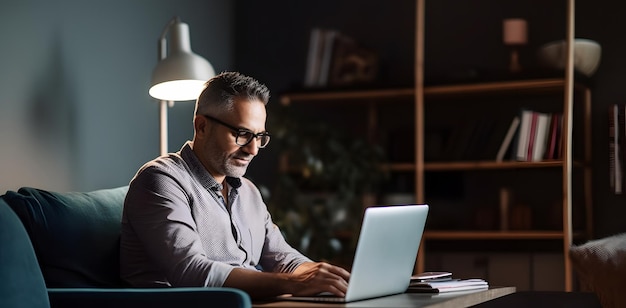 Um homem trabalha em seu laptop em um quarto escuro.