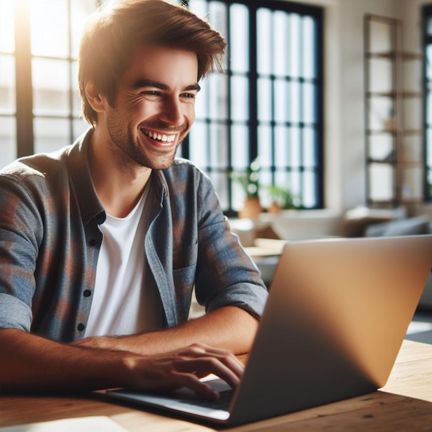 Um homem trabalha em um laptop e está feliz com sua postagem de trabalho para o design de modelos de mídia social