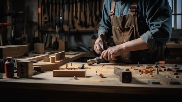 Um homem trabalha em um projeto de carpintaria com um martelo.