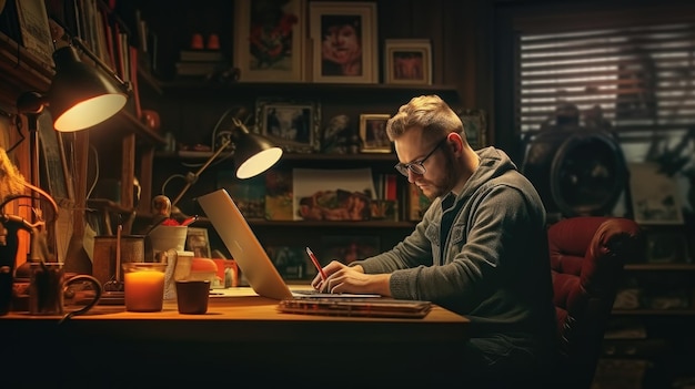 Um homem trabalha em uma mesa com um laptop e uma luminária que diz 'eu te amo'