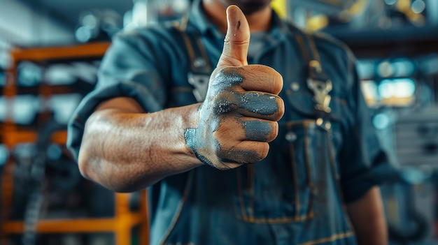 Um homem trabalhador ou mecânico mostrando sua mão com o polegar para cima em vista de perto