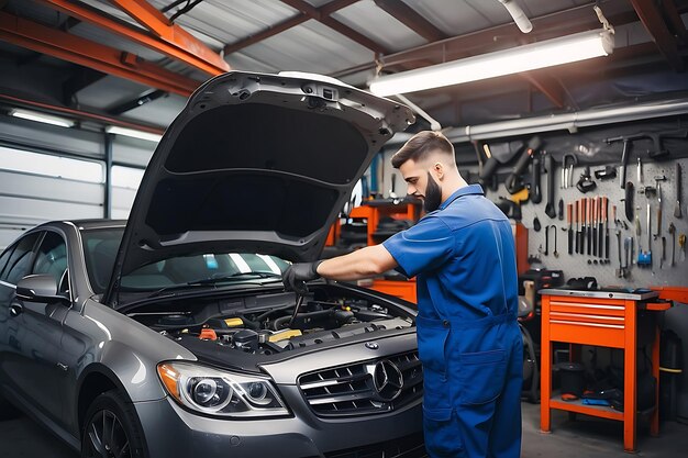 um homem trabalhando em um carro com o capô aberto