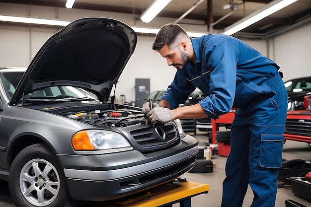 Foto um homem trabalhando em um carro com o capô aberto