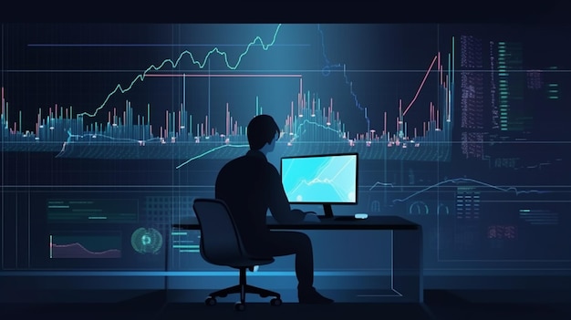 Um homem trabalhando em um computador com um gráfico ao fundo.