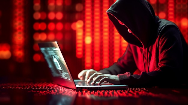 um homem trabalhando em um laptop com fundo vermelho e uma tela mostrando a foto de um homem trabalhando nele.