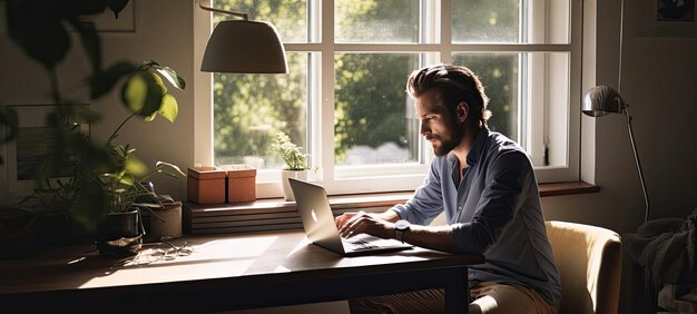 Foto um homem trabalhando em um laptop em sua mesa