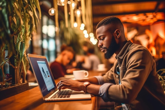 um homem trabalhando em um laptop em um café com uma xícara de café