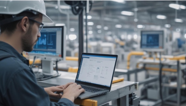 um homem trabalhando em um laptop em uma fábrica