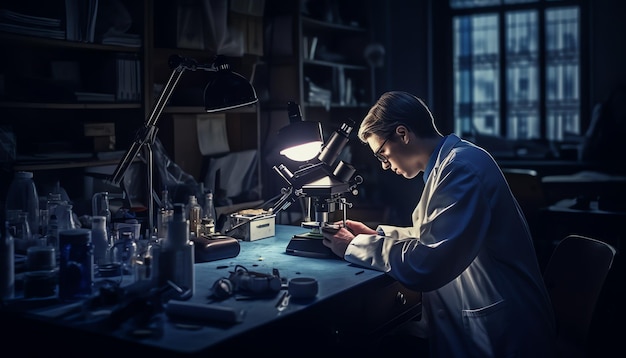 Um homem trabalhando em um microscópio em um quarto escuro