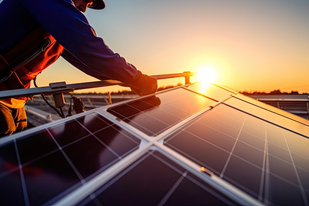 Um homem trabalhando em um painel solar ao pôr do sol.