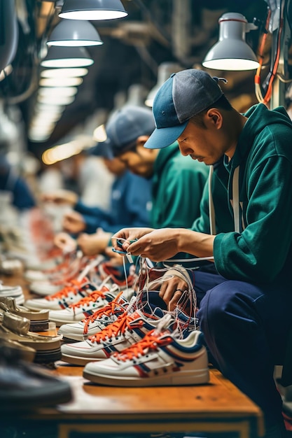 Um homem trabalhando em um par de sapatos em uma fábrica de sapatos asiática