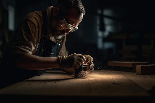 Um homem trabalhando em um pedaço de madeira com uma luz no fundo