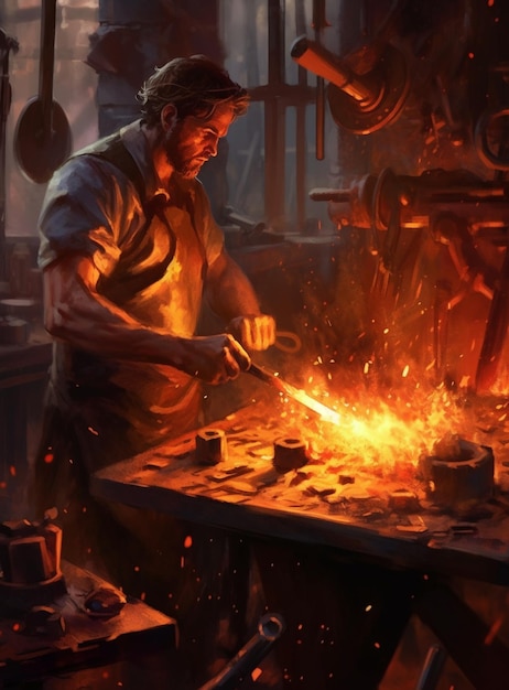 Um homem trabalhando em uma forja com uma chama saindo de sua mão.