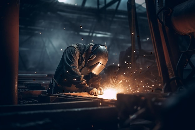 Um homem trabalhando em uma peça de metal com uma máscara de solda.