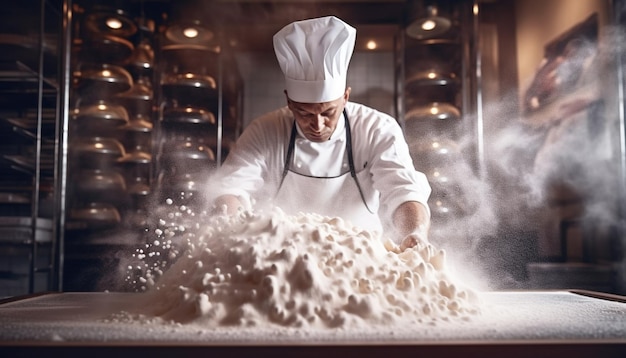 Um homem, um chef, amassando massa preparando pão caseiro gerado por IA