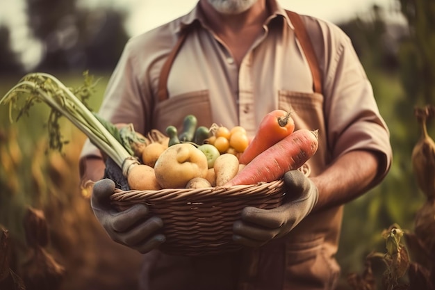 Um homem, um jardineiro, segurando e mostrando suas colheitas orgânicas de vegetais e frutas
