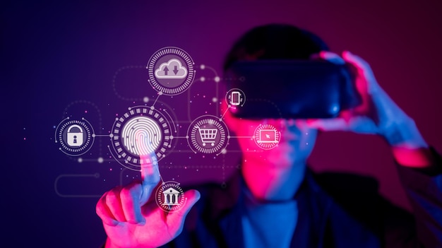 Um homem usa a digitalização de impressão digital tocante de Realidade Virtual VR fornece interface de segurança, pagamento de compras bancárias e conexão de rede de computação em nuvem