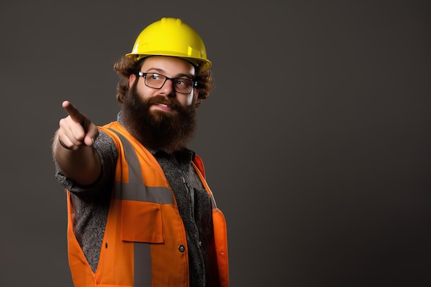 Um homem usando capacete amarelo e colete laranja aponta para a direita.