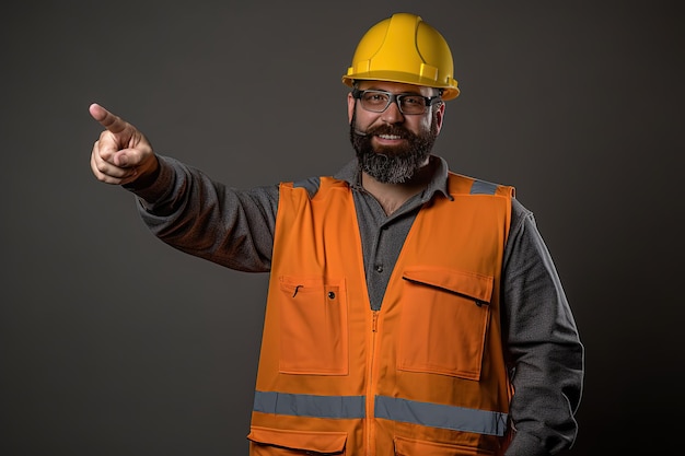 Um homem usando capacete amarelo e colete laranja aponta para a direita.