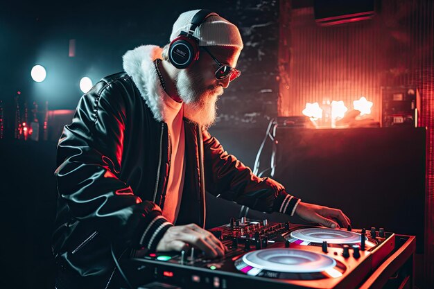 Um homem usando fones de ouvido e trabalhando em uma mesa de DJ