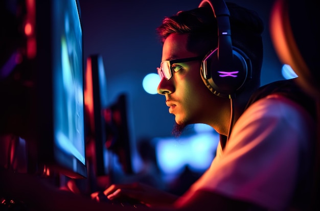 Um homem usando fones de ouvido está sentado em frente a um computador com uma tela iluminada que diz jogos.