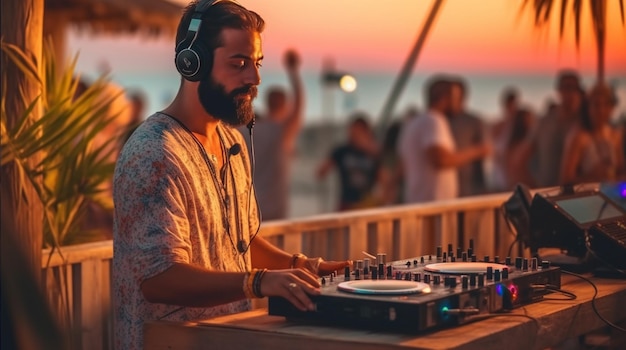 Um homem usando fones de ouvido toca música no deck de um DJ na praia.