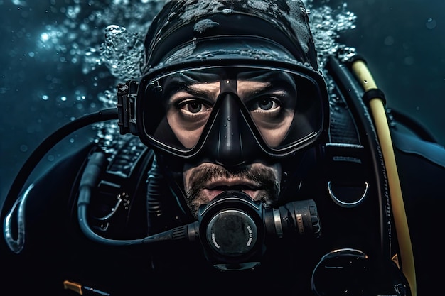 Um homem usando máscara e óculos está debaixo d'água.