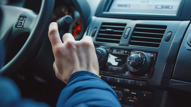 Foto um homem usando o sistema estéreo do carro para ouvir música