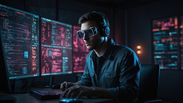 um homem usando óculos de proteção e um computador com as palavras virtual na tela