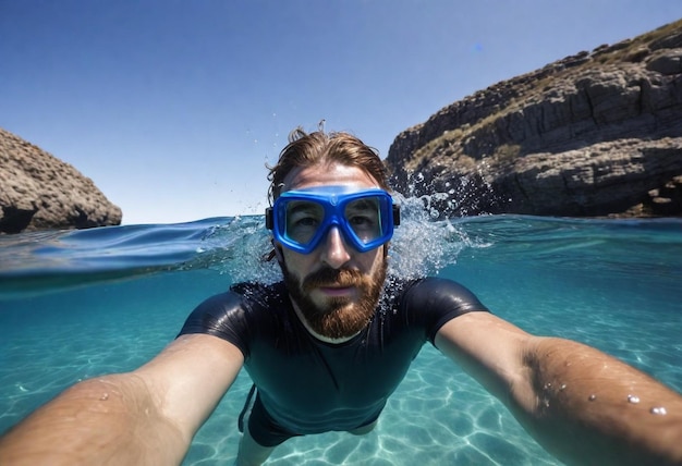 um homem usando óculos de proteção nada na água perto de um penhasco